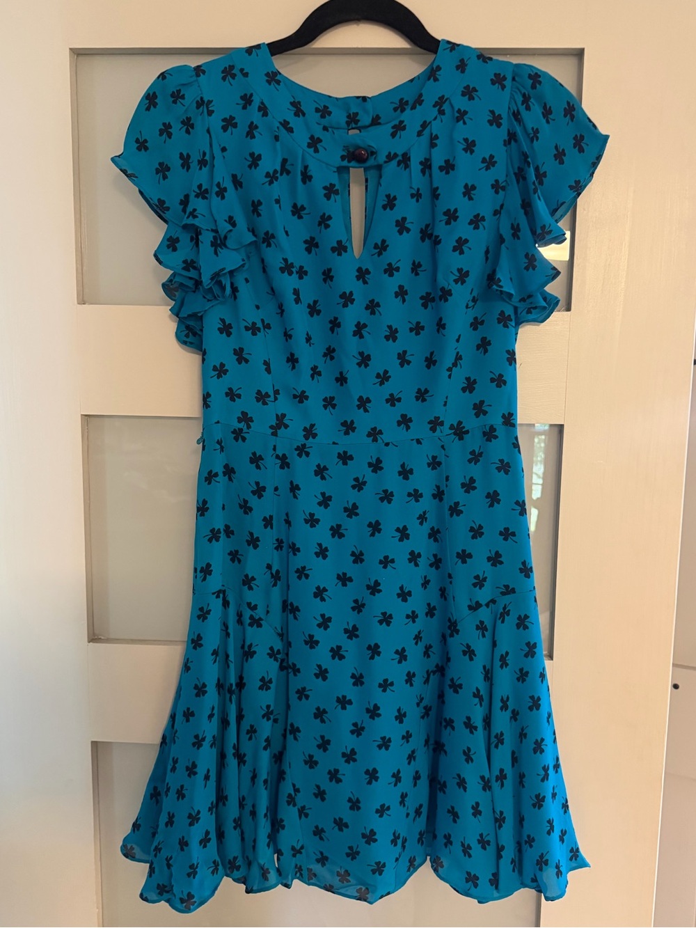 Milly Size 2 Teal Floral Flutter-Sleeve Silk Dress